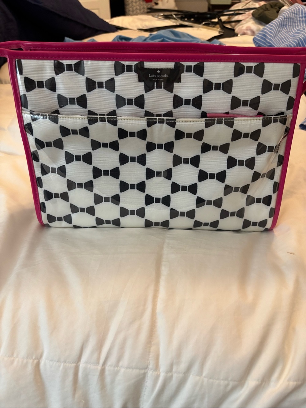 Kate Spade White & Black Bow Print Cosmetic Bag with Pink Trim
